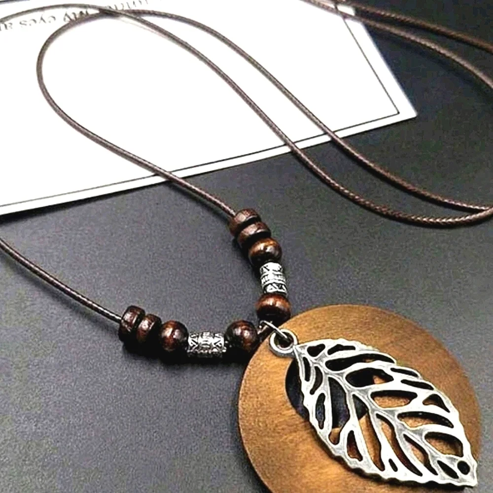 Necklace Brown Bohemian Antique Silver Pendant Charm Necklaces - Hippie Jewelry - Picture 1 of 4